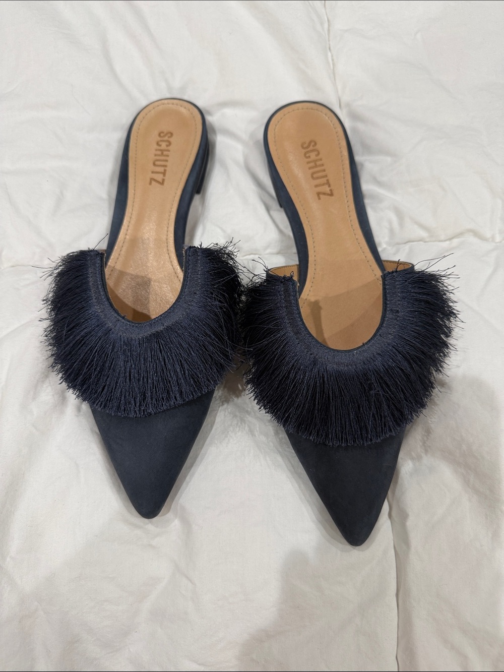 SCHUTZ Navy Pointed-Toe Fringe Slip-On Mules